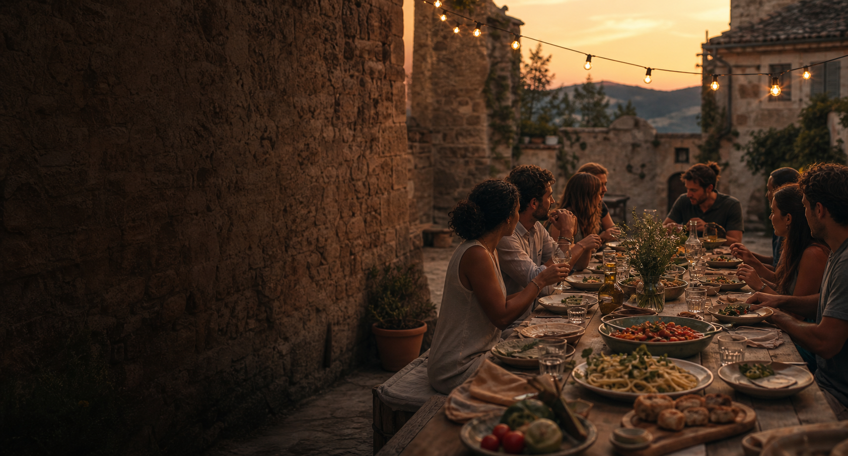 Friends sharing a long outdoor dinner in a Mediterranean courtyard at sunset