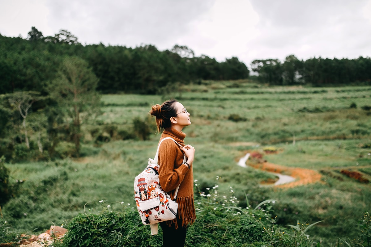 A traveler pausing beside a winding path through green countryside